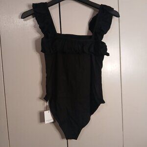 Mangopop Women's Ruffel Sleeve Black Large Bodysuit (0655N2)